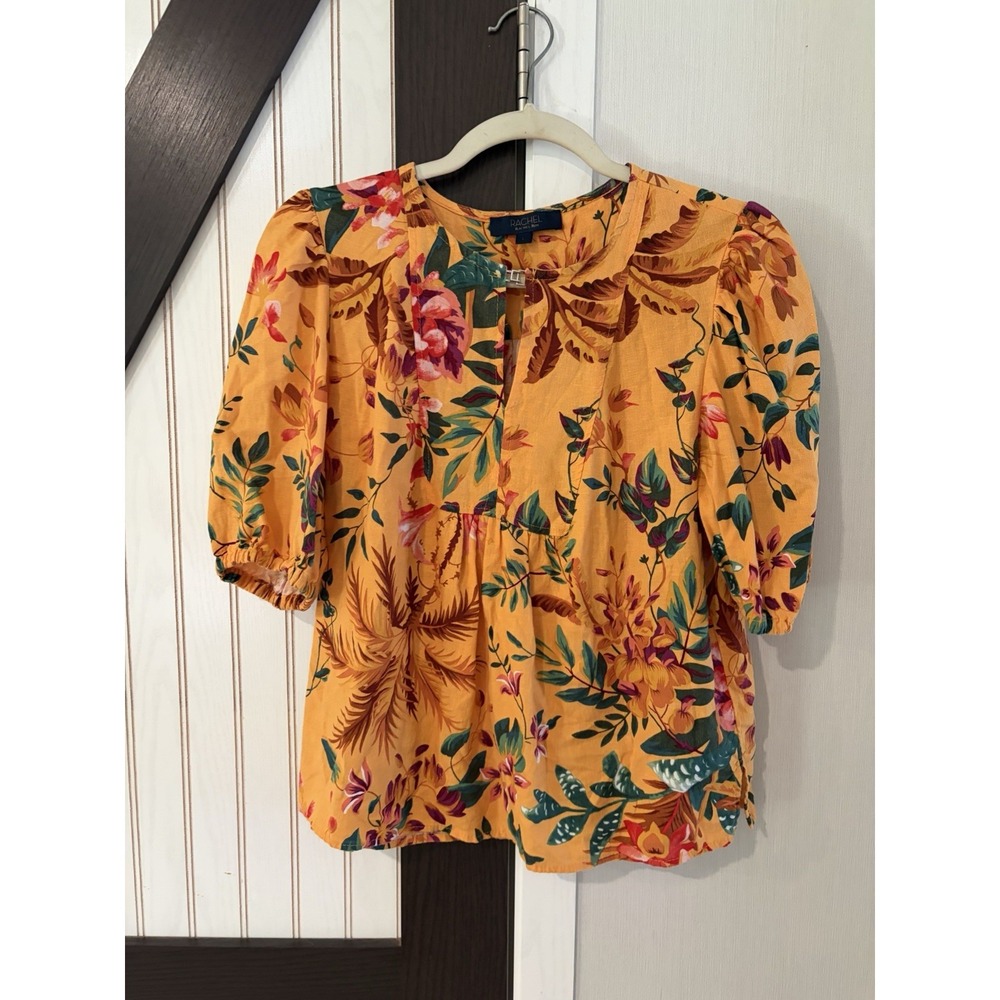 Rachel Rachel Roy Yellow Linen Blend Island Print Blouse Large Short Puff Sleeve